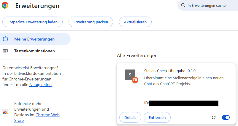 Screenshot der Chrome-Erweiterungsverwaltung mit der lokal geladenen Erweiterung Stellen-Check Übergabe