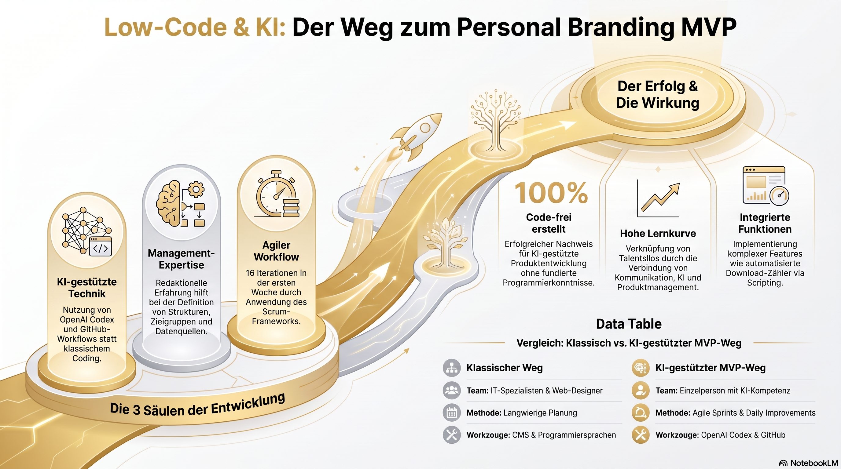 Infografik zum Low-Code- und KI-gestützten Entwicklungspfad eines Personal-Branding-MVPs mit Codex, Management-Expertise und agilem Workflow