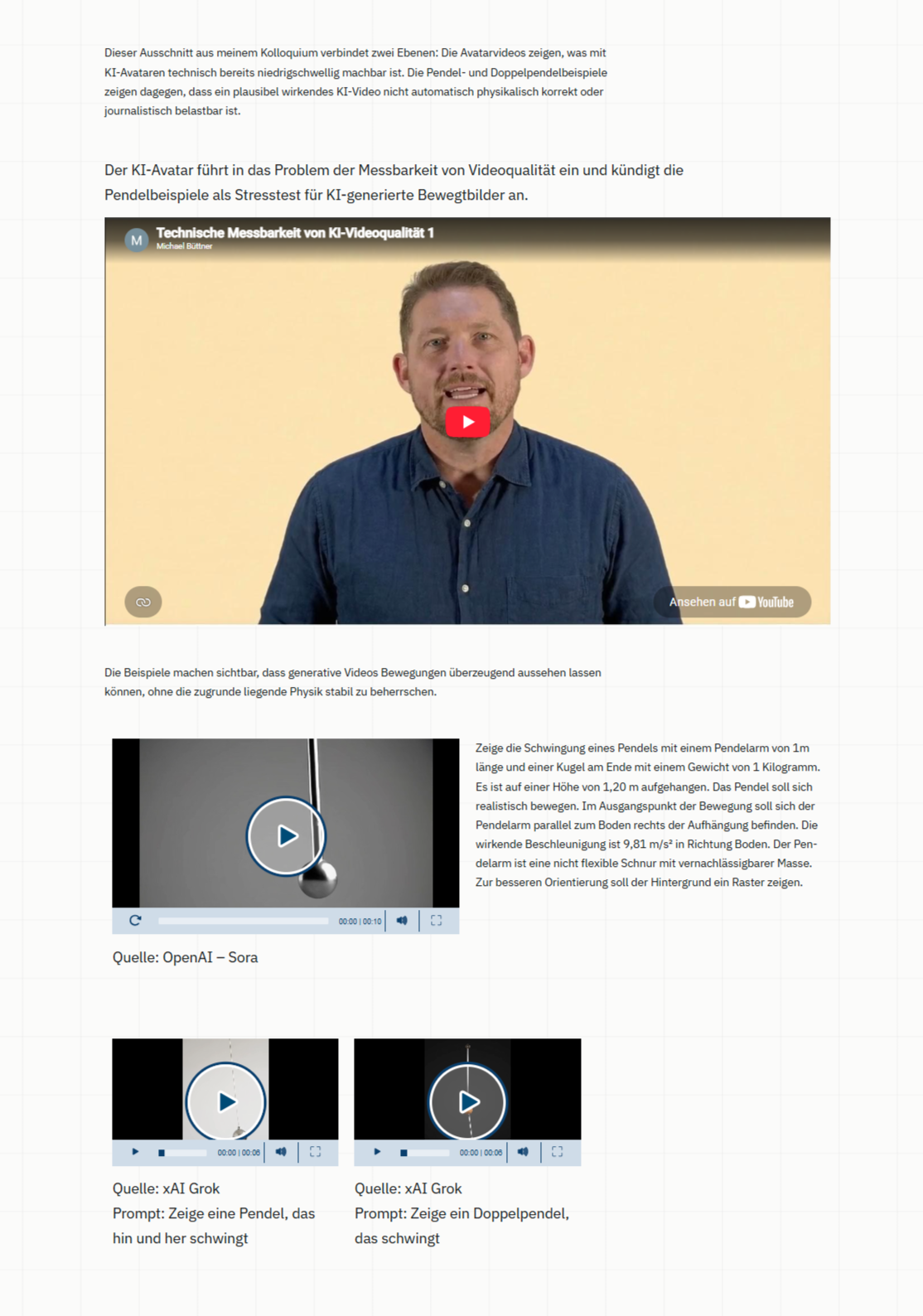 Screenshot der Masterarbeitsseite mit eingebettetem Avatarvideo, Sora-Pendelvideo, Prompt und Grok-Pendelbeispielen