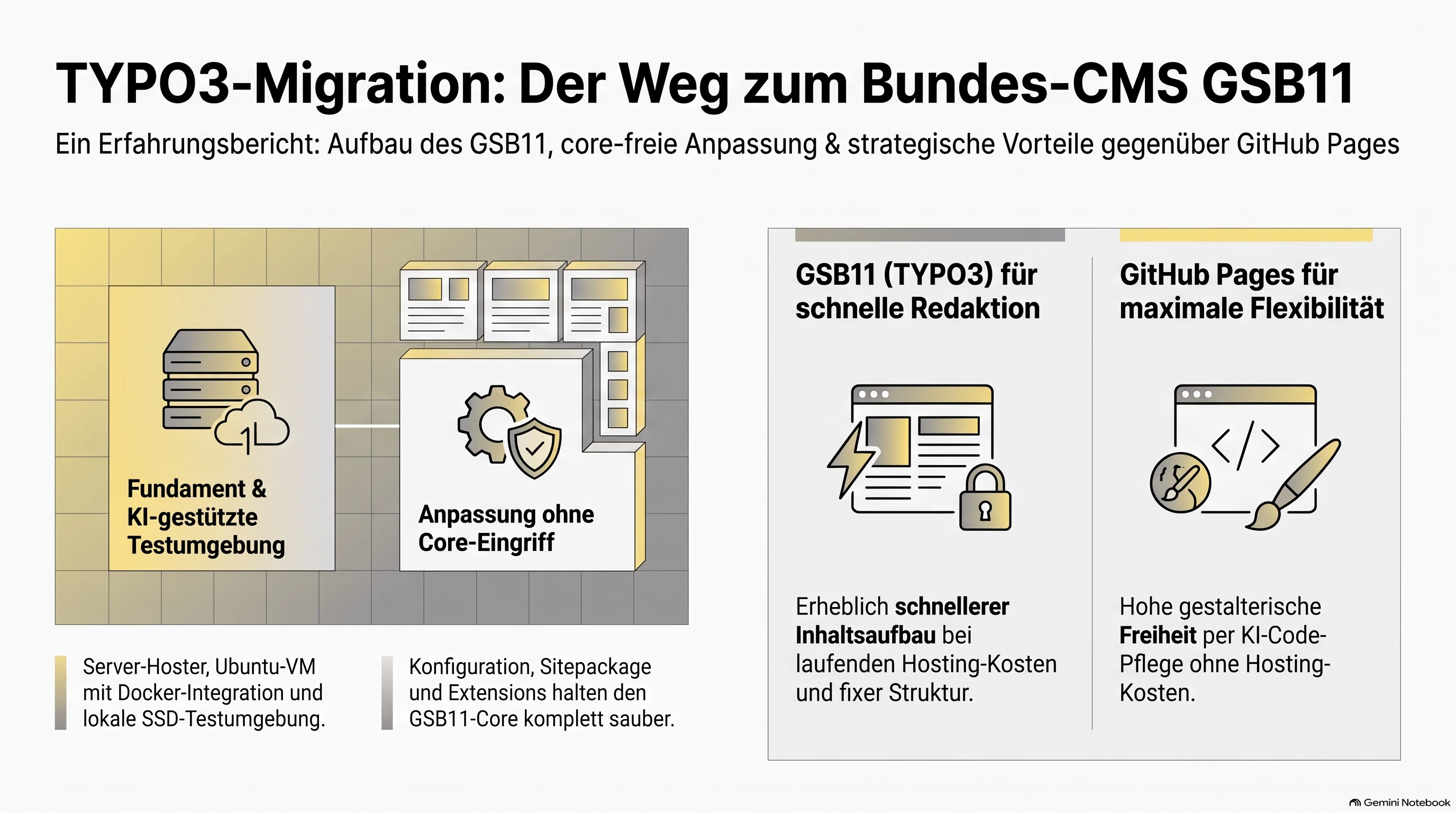 Infografik zur TYPO3-Migration auf das Bundes-CMS GSB11 mit Server-Setup, Testumgebung, Core-freier Anpassung und Vergleich zu GitHub Pages