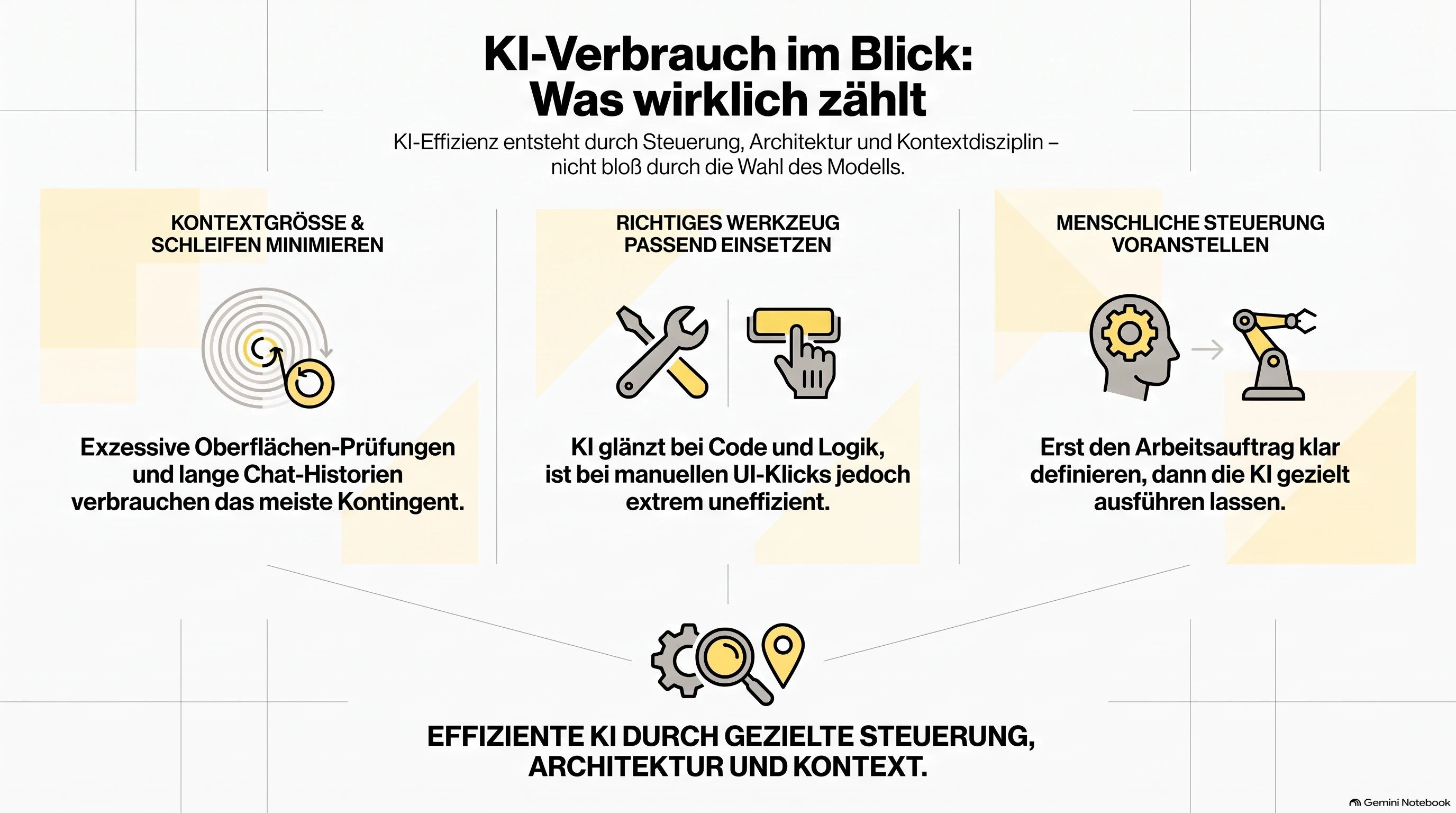 Infografik zu KI-Effizienz durch Kontextdisziplin, passendes Werkzeug und menschliche Steuerung